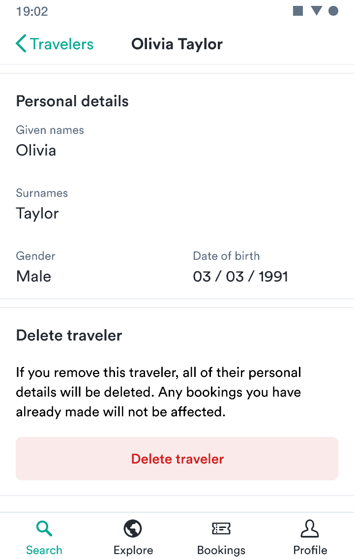 A screen with details on a traveler,
  with a critical subtle button at the button to 'Delete traveler'
  .